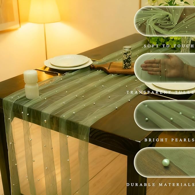Set of 6 Pearl Table Runner,29*120 GreenTable Cloth Sheer Tulle Table Cover,Pearl Table Runner for Wedding Party Baby Shower Birthday Home Decor