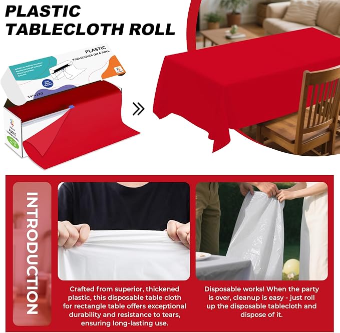 54IN X 320FT Plastic Table Cover Roll with Cutter Box, Cut to Size Plastic Table Cloths for Parties, Birthday, Disposable Tablecloth Roll for All Shape Tables (Red, 54 Inch X 320 Feet)