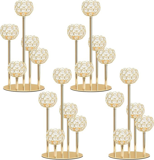 5-Arm Crystal Tealight Candelabra Centerpiece, 14.8 Inch Metal Candle Holder for Table Decor, Wedding, Christmas, Party, Anniversary & Home Decoration (4, Gold, S-14.8 in)