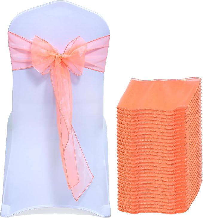 MDS® Pack of 25 Organza Chair Sashes for Wedding Decoration, Reusable Sheer Chair Bows for Banquet Chair Cover, Reception, Bridal Shower, Baby Shower, Birthday Party & Special Events - Light Orange