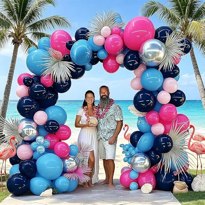 Navy Blue Pink Balloon Garland Double Stuffed Dark Blue Hot Pink Silver Balloons Royal Pastel Balloon Arch Kit for Birthday Gender Reveal Baby Shower Graduation Tropical Hawaii Party Decorations