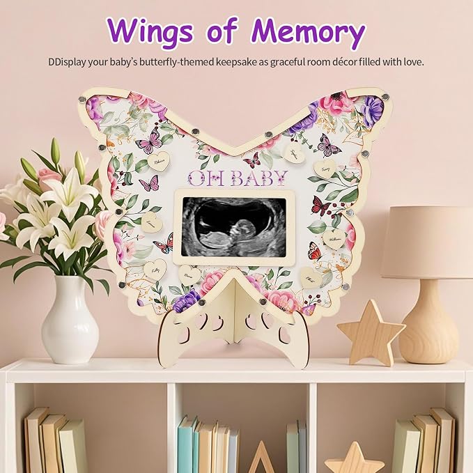 Butterfly Baby Shower Decorations,Purple A Little Butterfly Is On Her Way Baby Shower Guest Book Alternatives with Pen,Photo Frame and 60 Heart Wood Slices for 60 Guests,Gender Reveal Decorations