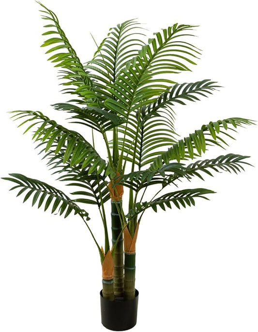 4FT Tall Golden Cane Artificial Palm Tree, Large Faux Palm Tree with 3 Textured Trunks, Outdoor Artificial Plants, Fake Tree for Indoor Office Living Room Outside Patio.