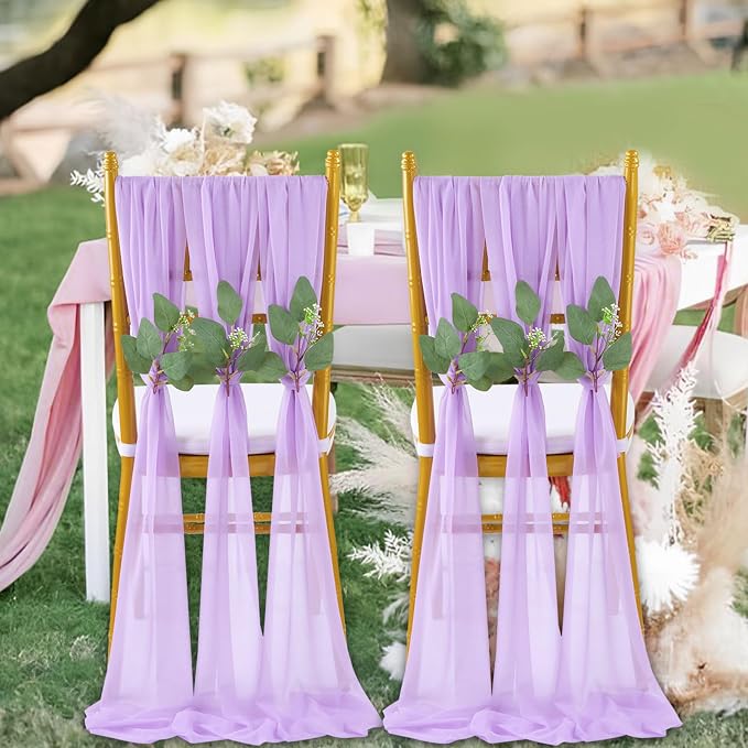 QueenDream Wedding Aisle Chair Sashes Decorations 36 Pieces Light Purple Soft Chair Sashes Tulle Chairs Covers with Artificial Eucalyptus