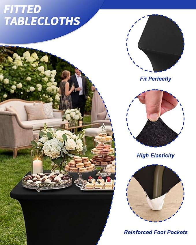 Fixwal Black Table Cloth 2 Pack 6FT for Rectangular Table Spandex Fitted Table Covers Washable Stretch for Soccer Party, Trade Show, Banquet, Wedding, Buffet