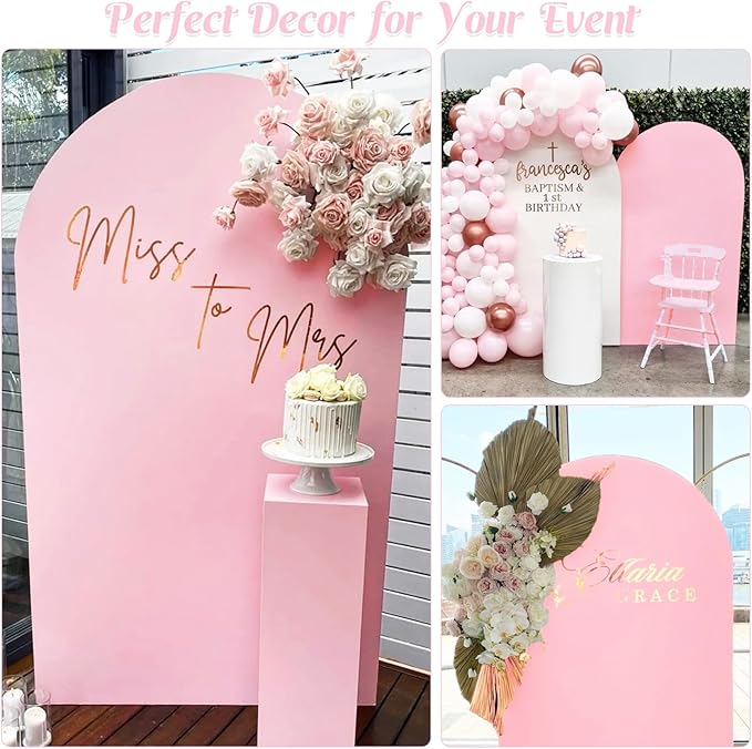 Set of 2 Wedding Arch Cover 2-Sided Round Top Spandex Fitted Arch Backdrop Cover for Birthday Party Baby Shower Wedding Arch Stand Decor（7.2FT, 6FT, Pink）