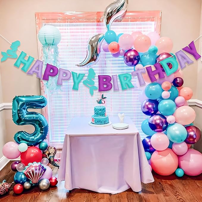 Pre-Strung Mermaid Happy Birthday Banner, Under The Sea Theme Party Decorations, HAPPY BIRTHDAY Garland with Exquisite Mermaid Design, Personalized Festival Sign for Baby Girls Party Decor, Photo Prop