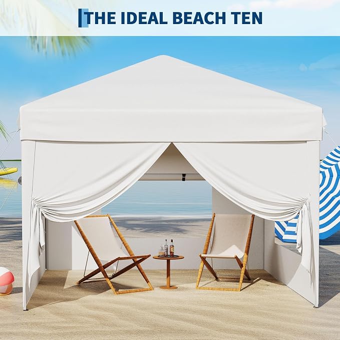 GarveeLife 10x10 Pop Up Canopy Tent with 4 SideWalls, Easy Up Canopy with 3 Adjustable Height, Outdoor Sun Shade with 4 Sandbags & Carrying Bag for Camping, Parties,Outdoor Events-White