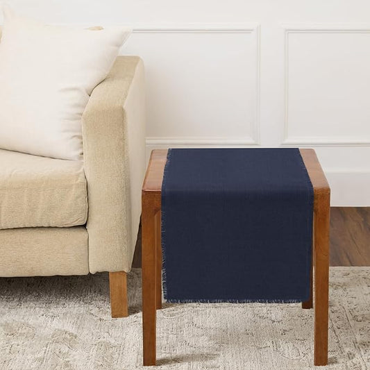 Solino Home Linen Navy Blue Table Runner 36 Inches - Fringe, 100% Pure Linen Small Table Runner 14 x 36 Inch Ideal for Dresser and Coffee Tables - Mothers Day, Memorial Day