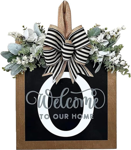 Last Name Year Round Front Door Wreath Front Porch Decoration 26 Letter Welcome Sign with Eucalyptus Garland and Bow Spring Wreaths for Front Door Outside Hanger Garland（O）