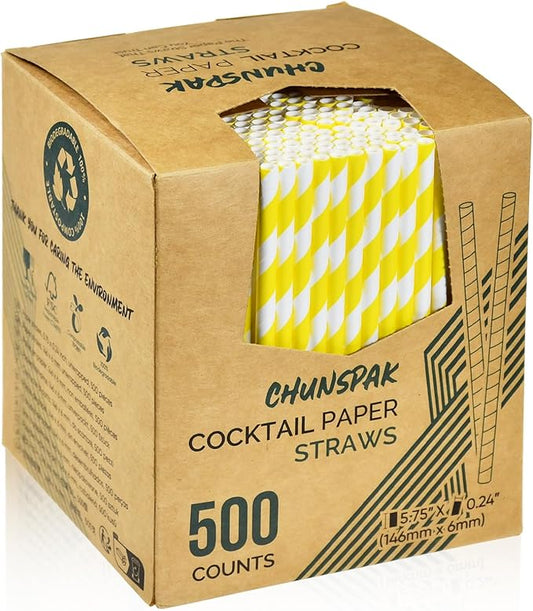 5.75 inch Short Yellow Paper Drinking Straws for Cocktail, Coffee, Mixed Drinks, 500 Counts - Compostable