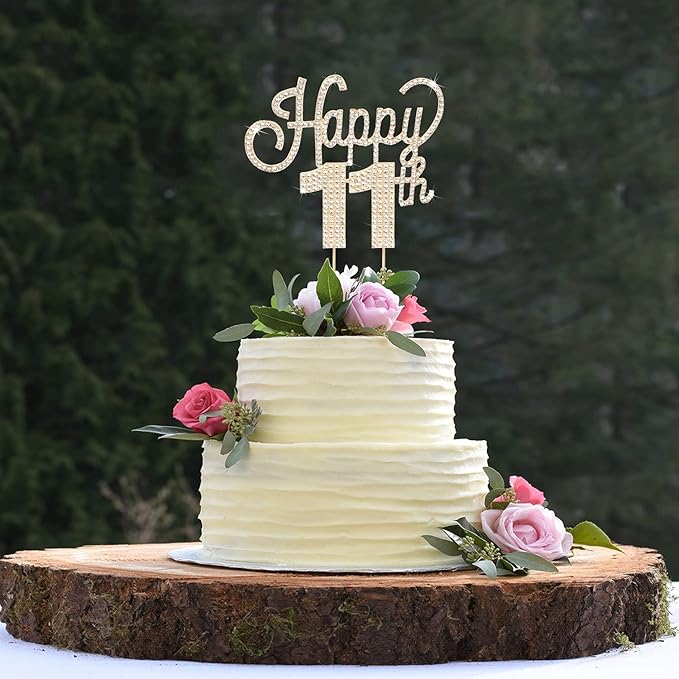 LINGTEER Happy 11th Birthday Gold Rhinestone Cake Topper Cheers to 11th Birthday Eleven Years Old Party Cake Centerpieces Topper Decorations Gift Sign.
