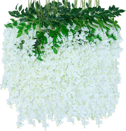 12 Pack Artificial Wisteria Hanging Flowers Fake Wisteria Flower Silk Vines Rattan Decor for Home Wedding Arch Wall Garden Greenery Bedroom Outdoor Office Party Decoration (White)
