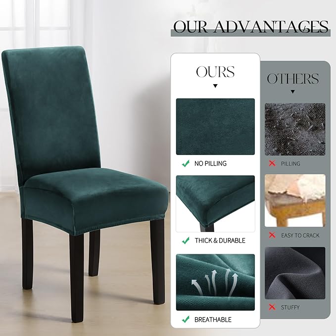 MOSAYT Velvet Stretch Chair Covers for Dining Room Set of 4 - Soft Slipcovers with Thick Removable Fabric for Parsons Chairs, Washable Seat Protectors for Kitchen, Banquet & Home Decor, Dark Teal