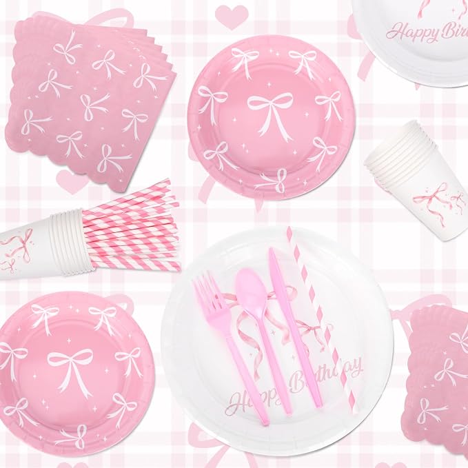 194 Pcs Pink Bow Party Decorations Coquette Birthday Decorations Bow Paper Plates Napkins Cups Forks Tablecloth Banner Bow Theme Tableware Serve 24