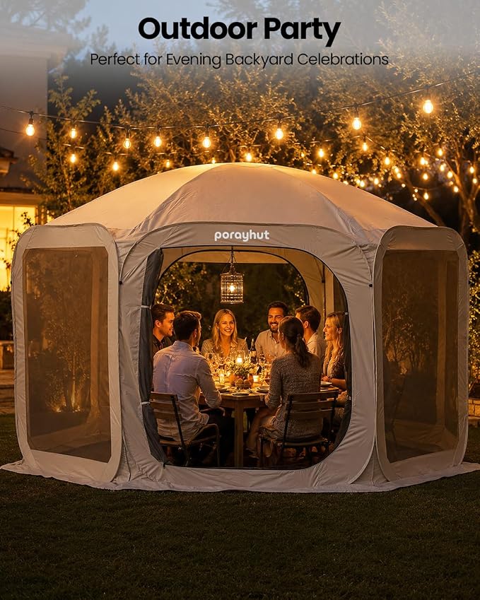 Porayhut Pop up Screen House Tent 12x12FT Sun Shelter with Breathable Mesh Doors,Portable Camping Tent Without Waterproof Floor,Screen Canopy Outdoor for Family Friends Party in Backyard,Park