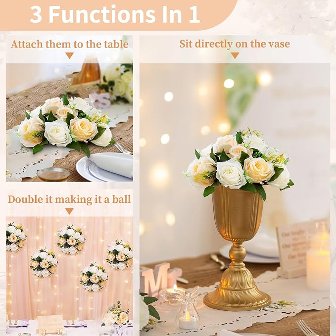 NUPTIO Flower Balls Wedding Table Centerpieces, Peachy Champagne & White | 6 Pcs 9.5 inch Artificial Rose Floral Bouquet Arrangement, for Bridal Shower, Birthday Party Decorations