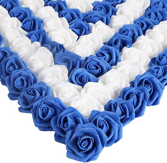 Artificial Roses,200PCS White and Royal Blue Roses 1.97in Foam Roses Flower Heads for Craft DIY Wedding Party Home Decoration(White&Blue)