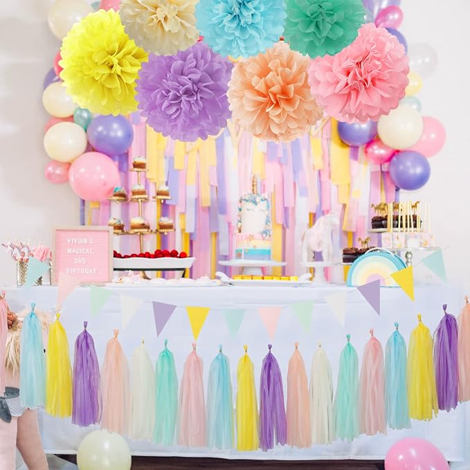 Pastel Rainbow Party-Decorations Supplies Streamers-Garland - 29pcs Baby Shower Birthday Wedding Tissue Pom Poms,Tassel Banner Backdrop Decor Bunting Lasting Surprise