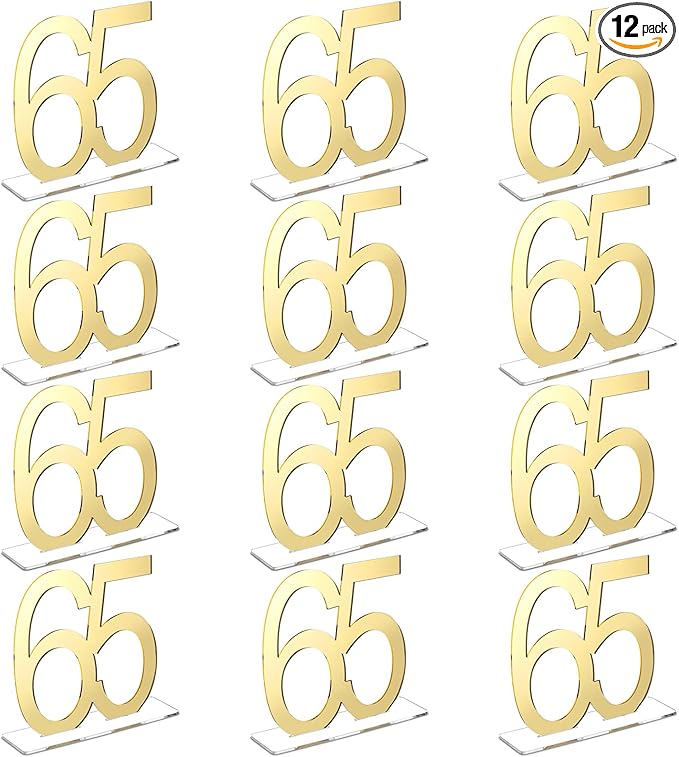 Threehoney 12 Pcs Mirror Gold 65th Birthday Decorations for Men and Women Acrylic Anniversary Decorations Table Numbers Centerpieces for Birthday Party