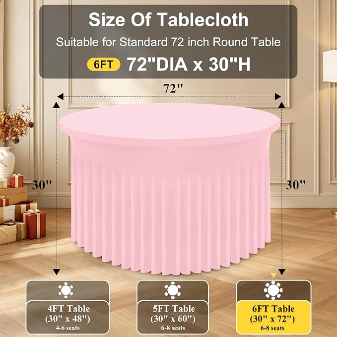 Smiry Round Spandex Tablecloth, Elastic Fitted Washable Tablecloths for 72 Round Tables, Waterpoof Stretch Table Cover Skirt for Outdoor, Wedding, Banquet & Parties, Pink