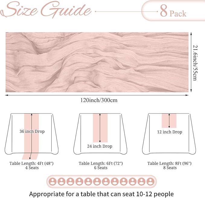 8 Pack Dusty Pink Cheesecloth Table Runner 10FT Boho Gauze Cheese Cloth Table Runner Rustic Sheer Fabric Table Runners for Wedding Bridal Shower Baby Shower Party(21.5×120 Inch)