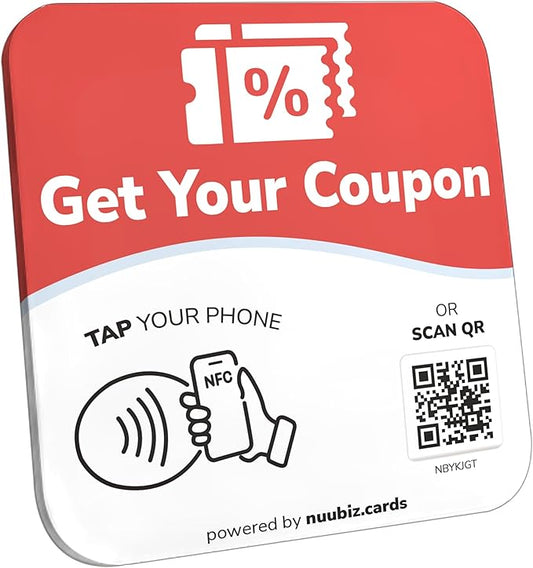 NFC Business QR Code Sign Plate for Redeeming Coupons – Drive Offline Engagement Online – Works Like Review Tap Card & Social Media Sign – No App or Fees – Includes Stand or Adhesive