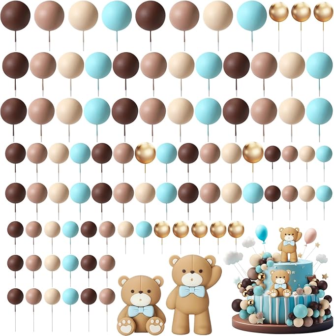 Geelin 101 Pcs Teddy Bear Ball Cake Toppers Decors Blue Brown Gold Khaki Mini Balloons Foam Balls Cake Toppers for Bear Birthday Cupcake Baby Shower Wedding Decoration