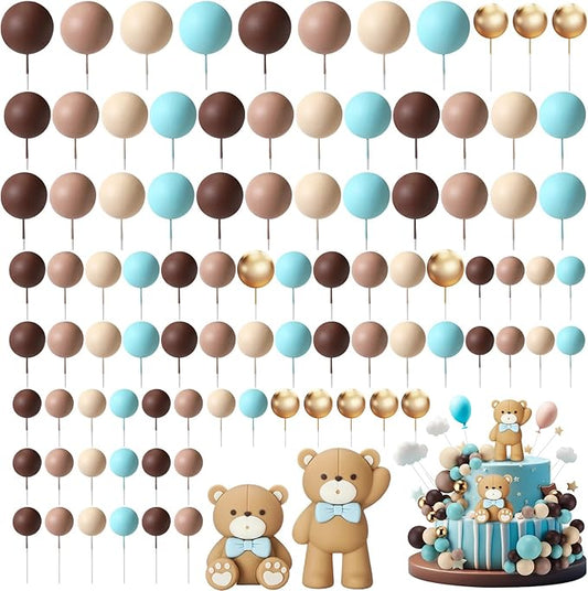 Geelin 101 Pcs Teddy Bear Ball Cake Toppers Decors Blue Brown Gold Khaki Mini Balloons Foam Balls Cake Toppers for Bear Birthday Cupcake Baby Shower Wedding Decoration