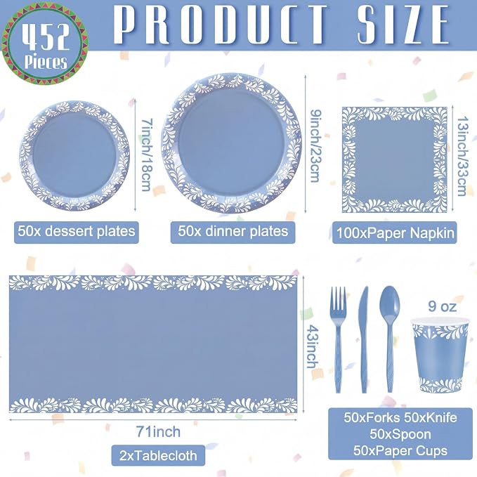 Vesici 452 Pcs Blue Cielito Lindo Party Decoration Platos De Barro Mexicanos Fiesta Paper Plates Mexican Napkins Tablecloth Talavera Tableware Set Cinco De Mayo Baby Shower Wedding Supplies, Serve 50