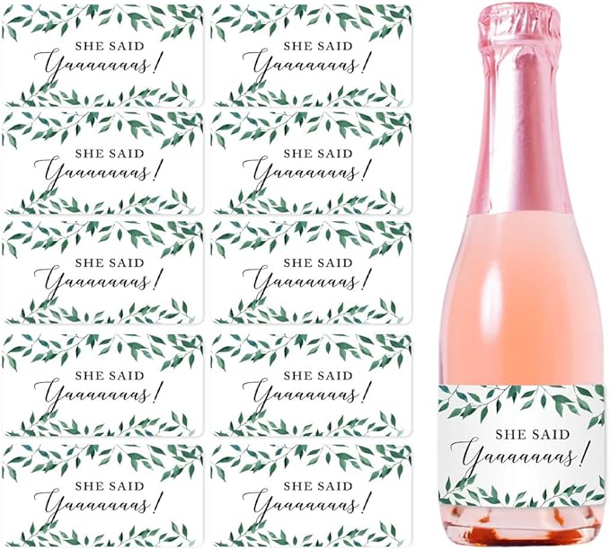 Andaz Press Mini Champagne Wine Bottle Labels, She Said Yaaaaaaas!, Greenery Green Leaves, 20-Pack, Mini Champagne Favor Gift Labels Stickers Bridal Shower Bachelorette