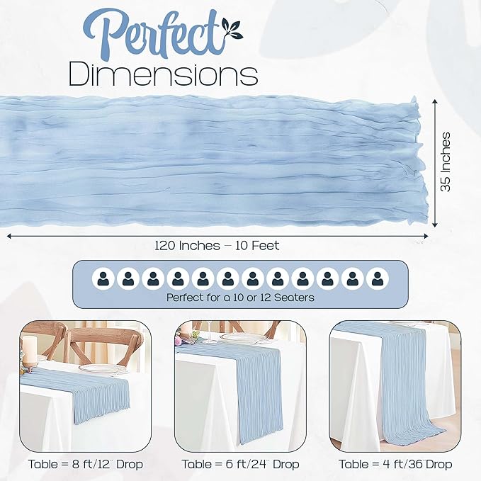 12 Pack Dusty Blue Cheesecloth Table Runners 10FT Long – 35 x 120 Inch Boho Gauze Table Runners for Engagement, Wedding, Baby Shower & Home Decor – Soft Wrinkled Polyester Fabric