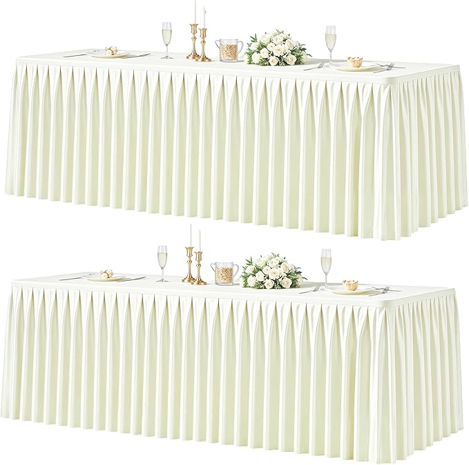 2 Packs Ivory Satin Tablecloths Rectangle 4FT,Glitter Spandex Fitted Stretch Table Covers Wrinkle-Resistant Floor Length Shimmer Pleated Table Skirt for Wedding Parties Baby Shower Banquets