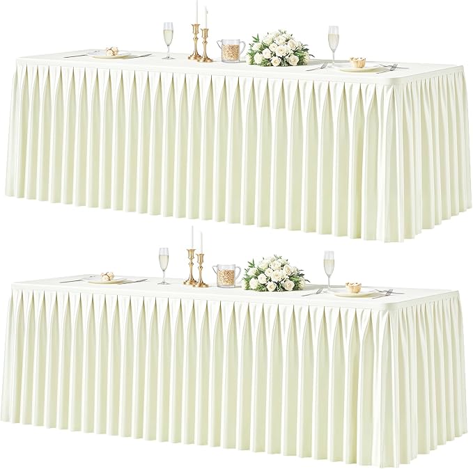 2 Packs Ivory Satin Tablecloths Rectangle 8FT, Glitter Spandex Fitted Stretch Table Covers Wrinkle-Free Floor Length Shimmer Table Skirt for Weddings Parties Baby Shower Banquets Vendor Events