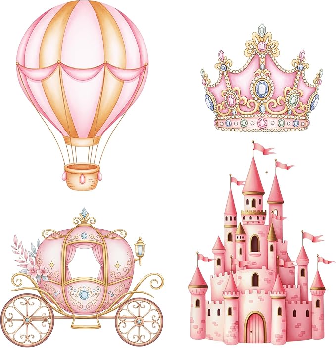 Honoson 4 Pcs Large 30" Pink Princess Cardboard Cutouts, Princess Birthday Party Decoration Castle Carriage Stand up Life Size Backdrop for Once Upon a Time Party Supplies Photo Booth Props