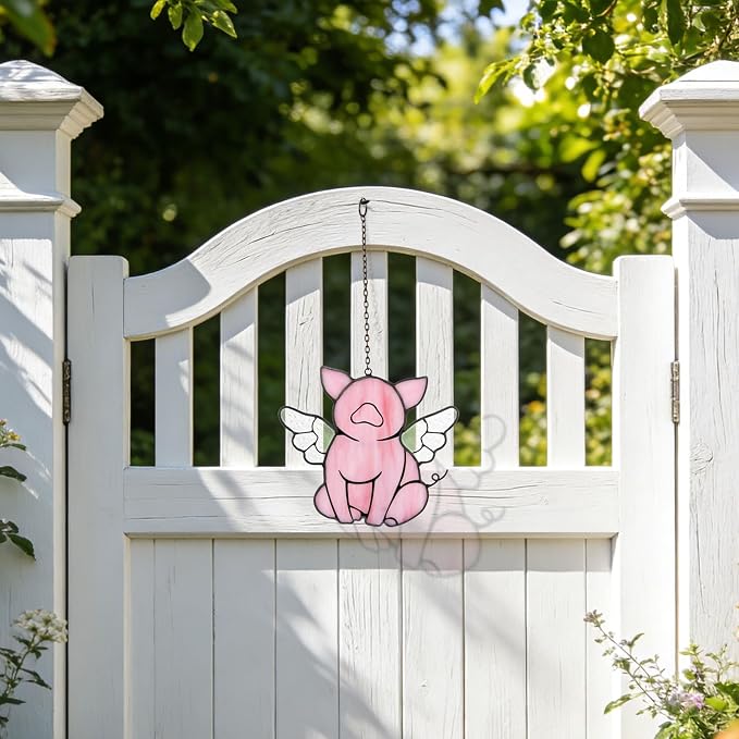 Flying Pig Suncatcher, Stained Glass Window Hanging Decor, Handmade Gift for Pig Lovers Women Mom - Funny Animal Party & Nursery Decoration