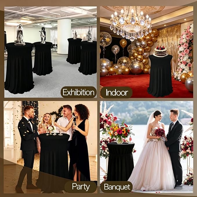 6 Pack Round Spandex Cocktail Table Tablecloth with Skirts, 32 x 43 Inch Black Spandex High Top Cocktail Table Covers, Stretch Fitted Round Cocktail Tablecloths for High Top Bar Party Wedding Banquet