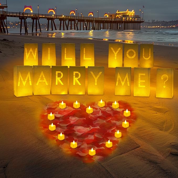 Homemory Will You Marry Me Light Up Letters Proposal Decorations with Flameless Candles and 2000 Fake Rose Petals, Valentine's Day Luminary Bags Decorations for Wedding Engagement