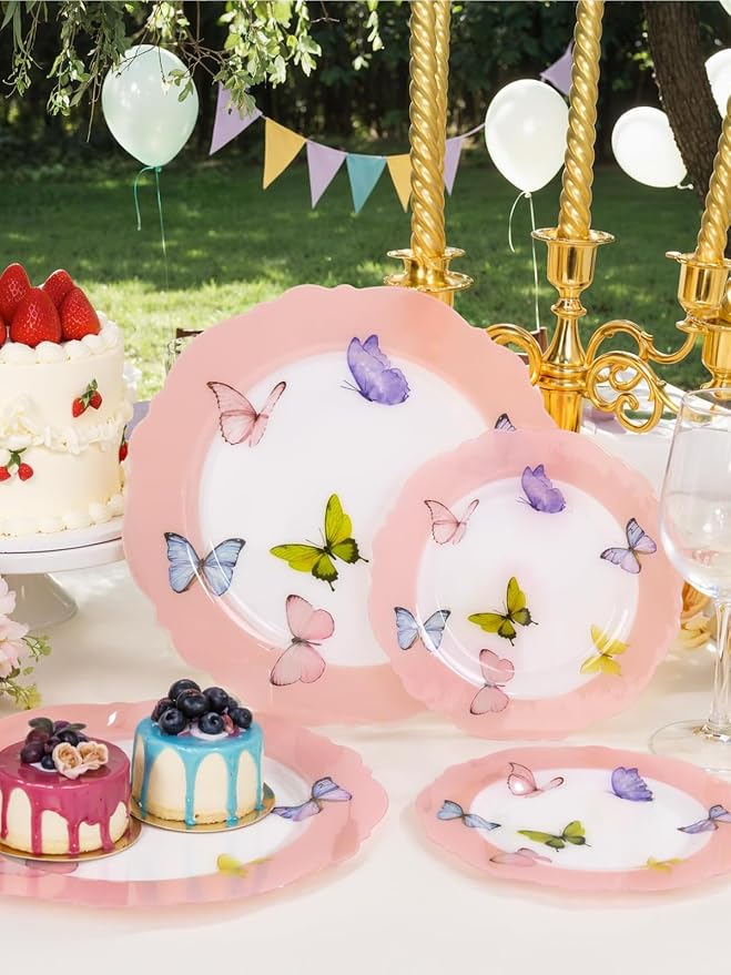 WDF 20PCS Pink Butterfly Plates - Baroque Spring Plates Disposable - Butterfly Party Decorations for Birthdays/Tea Party/Bridal Shower/Mother's Day