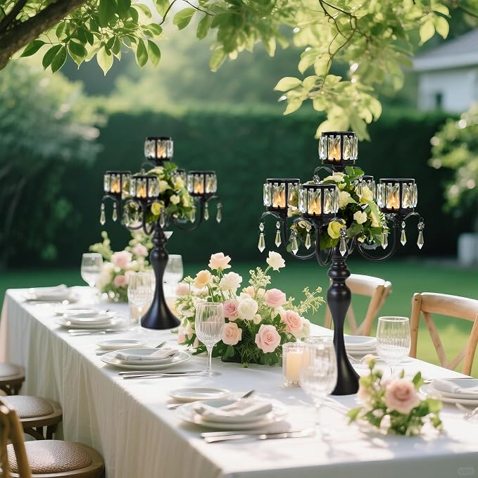 5 Arm Elegant Crystal Candle Holder,Candlestick for Wedding Table Centerpiece, 22 Inch Tall Candle Holder Table Candelabra Event Party Table Centerpiece,Home Decoration. (4, Black, Square Crystal)