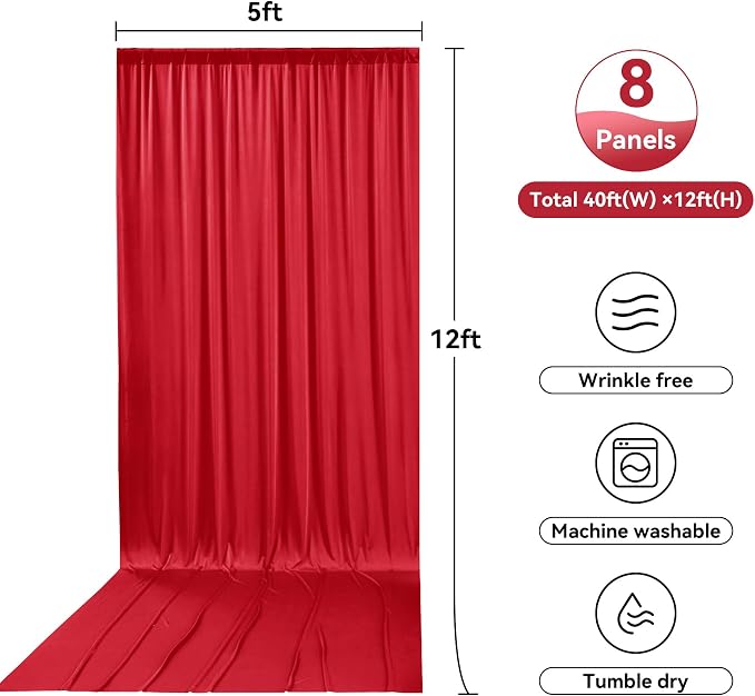 8 Panels 5x12ft Red Backdrop Curtains for Wedding Parties, Wrinkle Free Polyester 12 ft Long Photo Backdrop Drapes Back Drop Cloth for Birthday Christmas Ceremony Photography Background