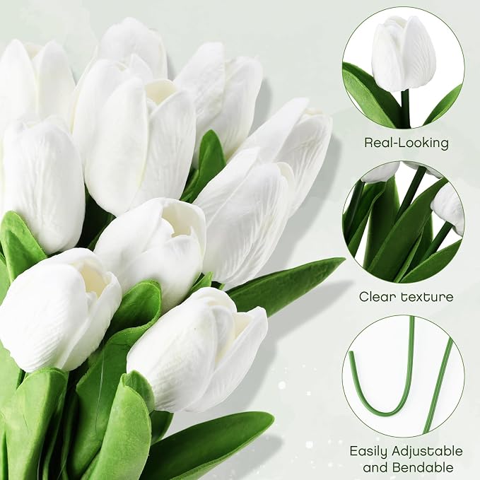 12 Pack White 5 ft Artificial Tulips Hanging Flower Garland Decorations Spring Summer Dangling Faux Tulip Floral Vine Strings with Hooks for Wall Ceiling Wedding Tea Party