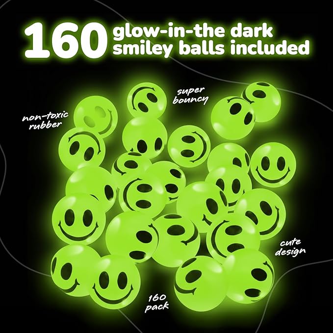ArtCreativity 160 PCS Glow in The Dark Smiley Face Bouncing Balls - Bulk Pack of 160-1 Inch High Bounce Bouncy Balls for Kids, Glowing Party Favors and Goodie Bag Fillers for Boys and Girls
