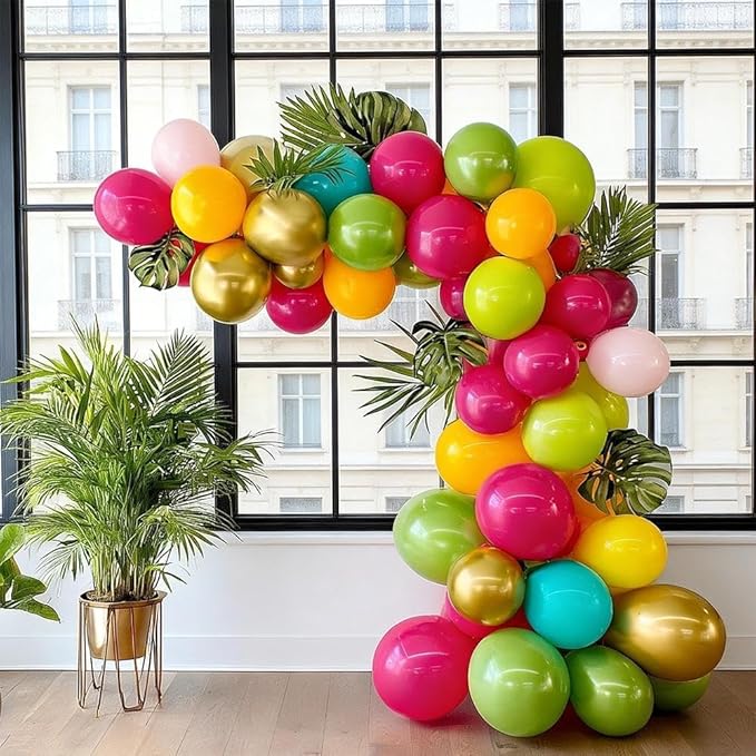 Tropical Balloons Arch Double Stuffed Hot Pink Green Balloons Pastel Yellow Orange Gold Balloon Garland Teal Blue Balloon for Birthday Baby Shower Hawaiian Summer Luau Easter Party Decorations