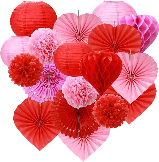 18 Pieces Valentine‘s Day Party Paper Lanterns Red Pink Heart Paper Fans Pompoms Honeycomb Balls Lanterns for Wedding Anniversary Party Hanging Decorations