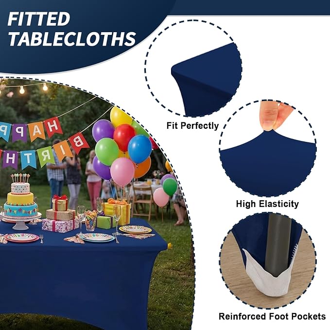 Fixwal Navy Blue Stretch Table Cloth Rectangle 2 Pack 6Ft, Spandex Fitted Table Covers Washable for Party, Trade Show, Banquet, Wedding, Buffet