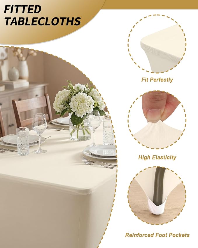 Fixwal 3 Pack Ivory Tablecloth Rectangle 6Ft, Stretch Spandex Fitted Table Cover for Party, Trade Show, Wedding, Buffet, Graduation, Vendor Stand