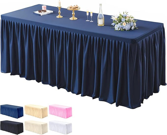 1 Pack Navy Blue Tablecloths for Rectangle Tables 4ft, Wrinkle Resistant Navy Blue Tablecover Fitted Stretch Table Cloth with Pleated Ruffle Table Skirts for Party Banquet Dining Birthday Wedding