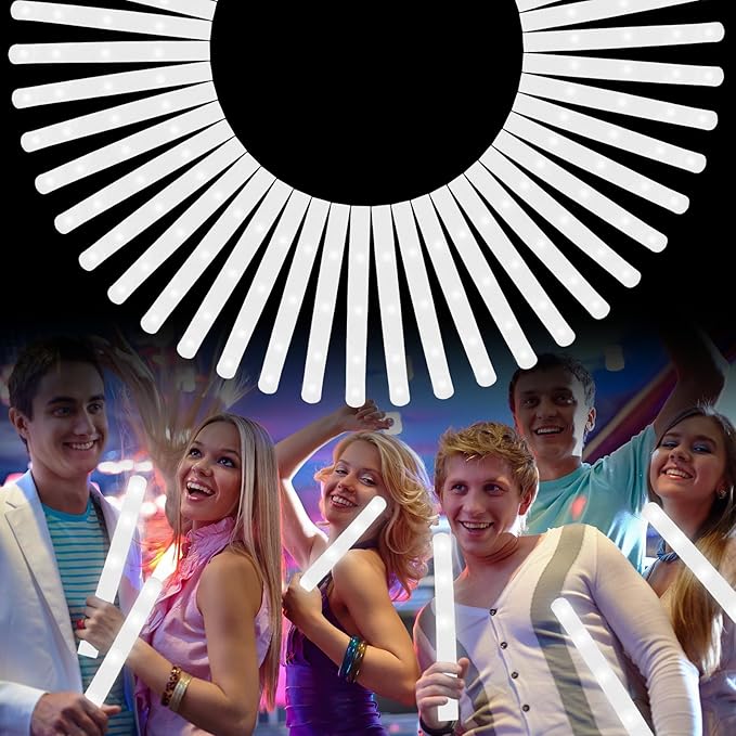 Foam Glow Sticks Bulk, 40 Pack White Light Up Foam Sticks 3 Modes Flashing, Glow Party Supplies for Valentine's Day, Wedding,Raves, Carnival, Concert, 4th of July, Halloween, Christmas,