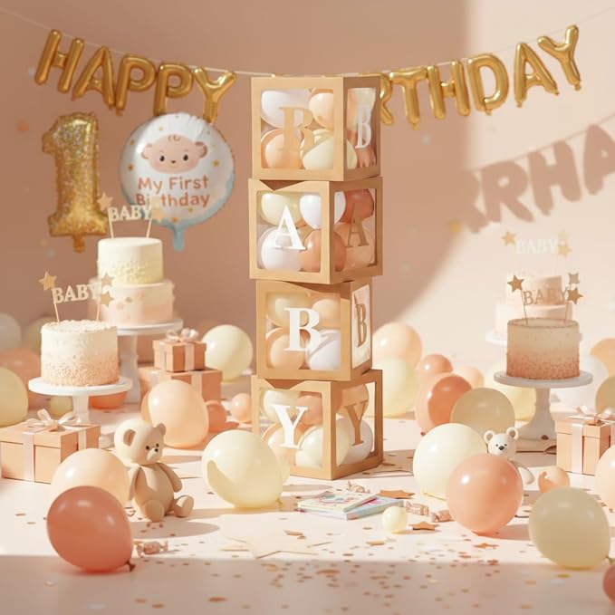 Zhanmai baby Boxes for Bear Baby Shower Decoration with 4 Letters 36 Balloons 4 Transparent Clear Balloon Box Blocks for Boy Girl Gender Reveal Party Favors(Cocoa, Apricot, Ivory, White)
